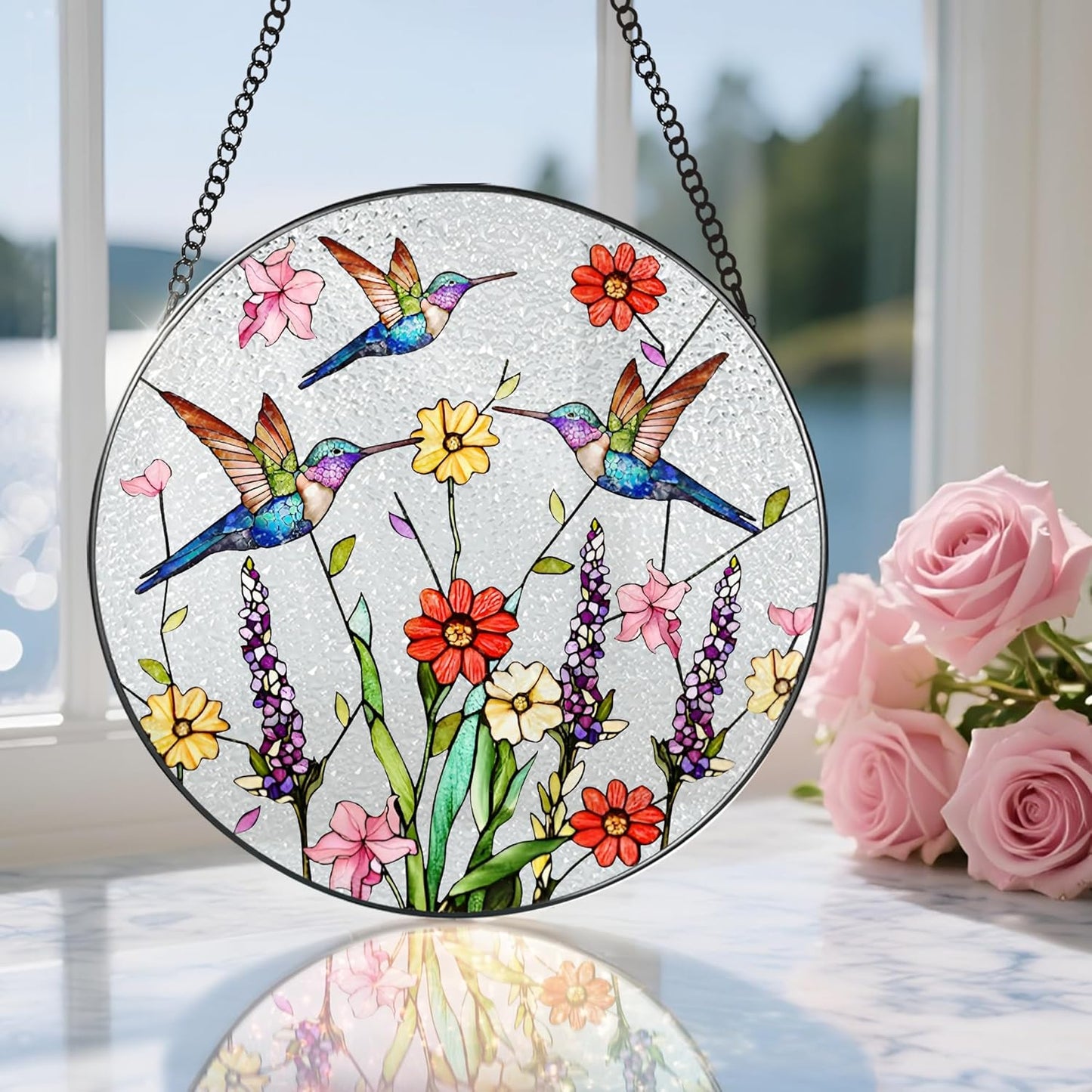 8 Inch Hummingbirds Stained Glass Suncatcher, Stained Glass Window Hanging, Window Hanging Decor, Hummingbird Sun Catcher, Gifts for Women Mom Grandma, Mother Day, Birthday, Christmas