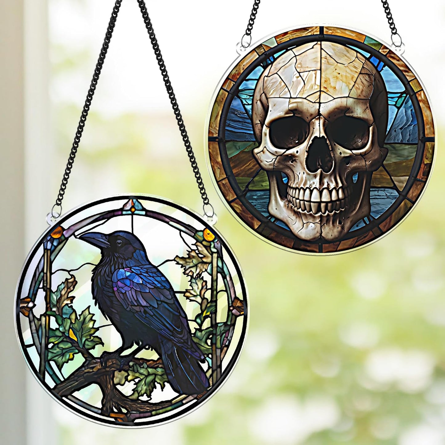2 Halloween Raven Skull Acrylic for Window Hanging, Art Gothic Decor for Home, Indoor, Garden, Housewarming, Gift for Mom, Grandma, Women, Friend SCB-A6-GT1