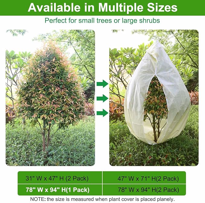 Plant Covers Freeze Protection Large, 78.7" W x 94.5" H Winter Tree Covers Freeze Protection with Zipper and Drawstring, Frost Blankets for Outdoor Plants Frost Protection Frost Cloth