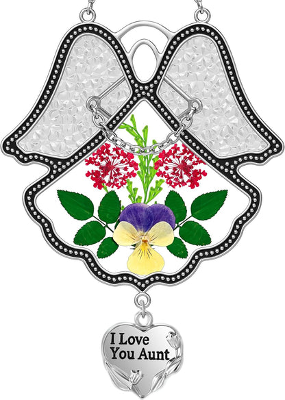 KY&BOSAM Angel Suncatcher I Love You Aunt Stained Glass Panels for Windows Wind Chime with Pressed Flower Glass with Metal Trim Heart Charm Birthdays Gifts for Women Aunt Gift Mothers Day Garden Decor
