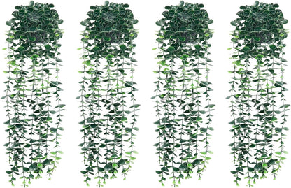 4pcs Artificial Hanging Eucalyptus Plants，Fake Plants Eucalyptus Small Decor Faux Hanging Vine Plants Wall Greenery for New Home Decoration，for Floating Shelf Indoor Outdoor