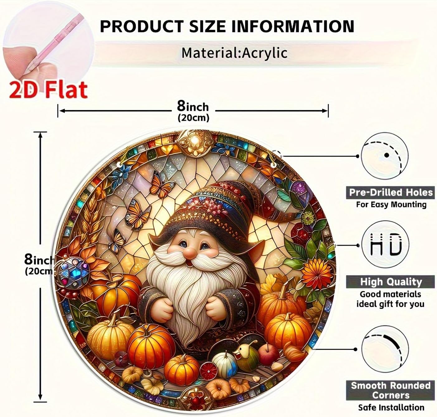 7.87Inch Fall Sun Catcher Acrylic Garden Cute Pumpkin Dwarf Suncatcher Decor Window Hanging for Wall Home, Garden, Housewarming Women Neighbor Autumn Decor Gifts