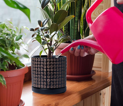 D'vine Dev Set of 2 Ceramic Planter Pots with Drainage Hole and Saucer, 4.5 Inch Plant Pots for Plants Indoor Houseplants, Black, 99-Z-A-2-V