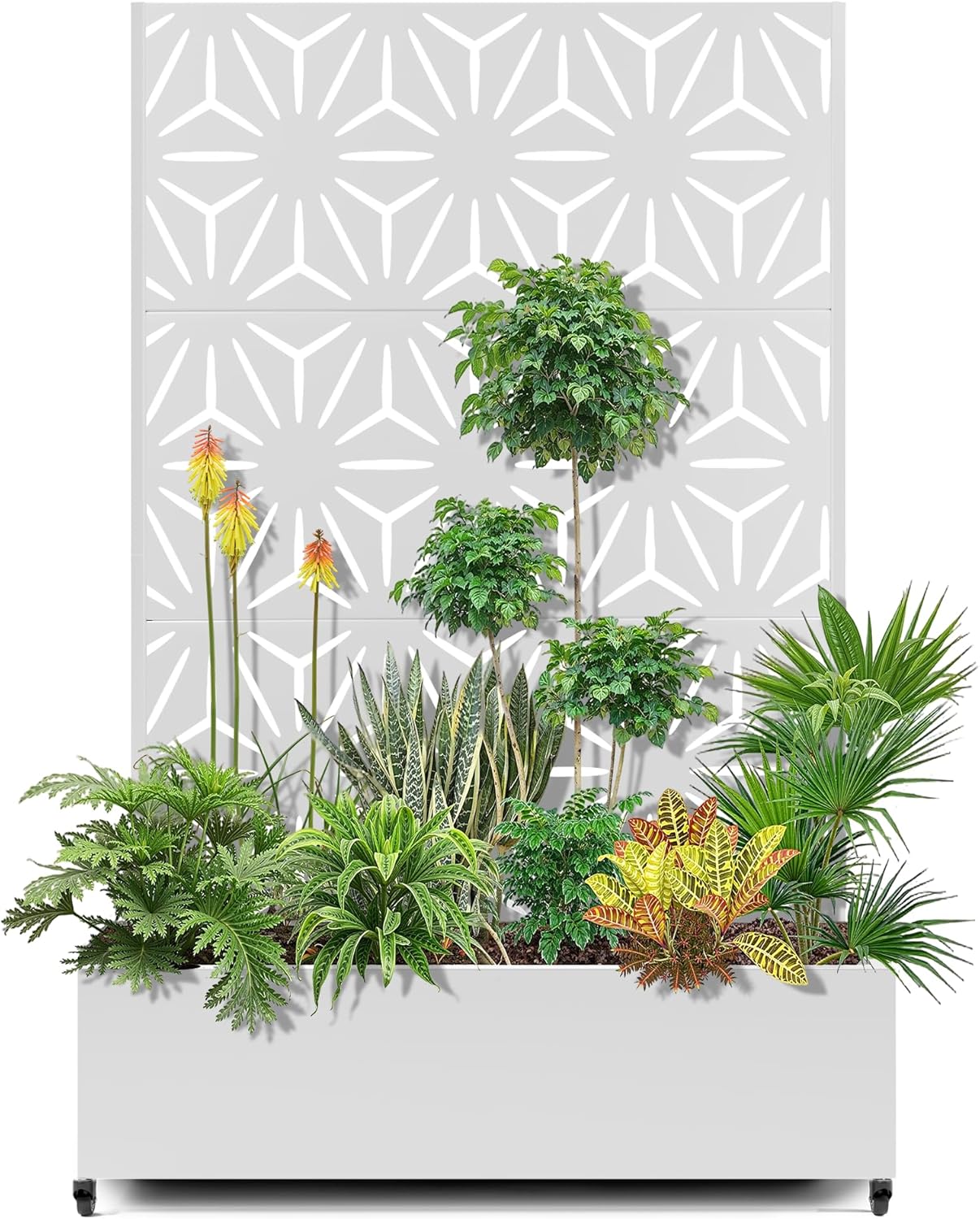 15.7"×70.9"×47.2" Metal Raised Garden Bed with Trellis and Wheels - Tall Trellis Planter Box for Climbing Plants, Vegetables & Vines - Outdoor Privacy Planters for Patio (White-Star)