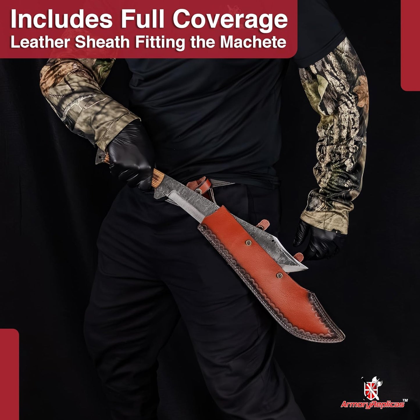 Armory Replicas™ Into The Wild High Carbon Steel Full Tang Outdoor Camping Machete – 14-inch Blade with Textured Finish, Sheesham Wood Handle & Genuine Leather Sheath