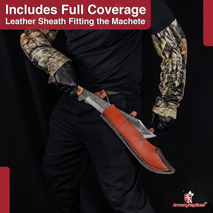 Armory Replicas™ Into The Wild High Carbon Steel Full Tang Outdoor Camping Machete – 14-inch Blade with Textured Finish, Sheesham Wood Handle & Genuine Leather Sheath