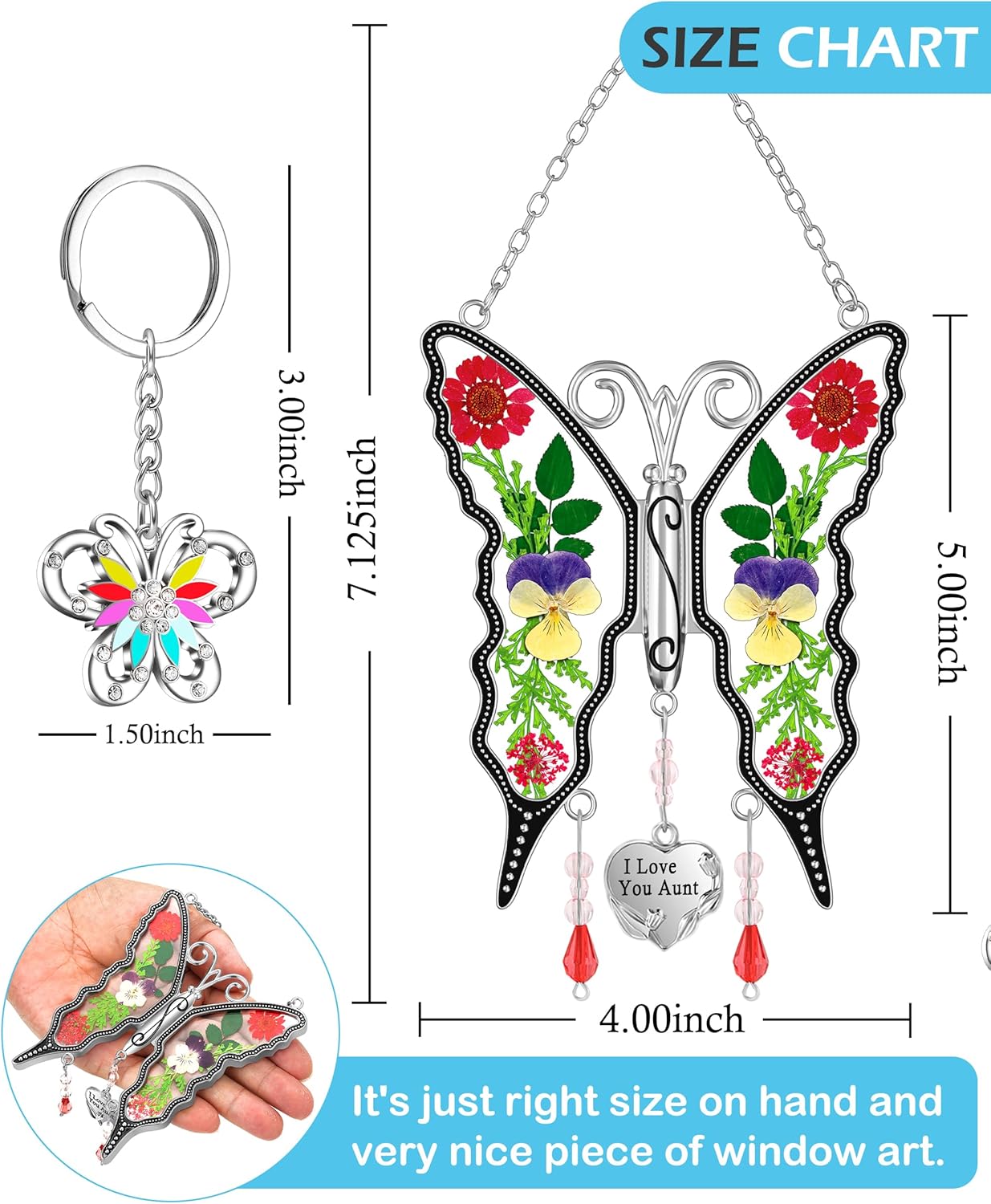 KY&BOSAM Gifts for Aunt Suncatcher Butterfly I Love You Aunt Gift Stained Glass Pressed Real Flower Between Wings for Windows Hanging Wind Chime Decor Birthday Gift for Women Mother`s Day Christmas