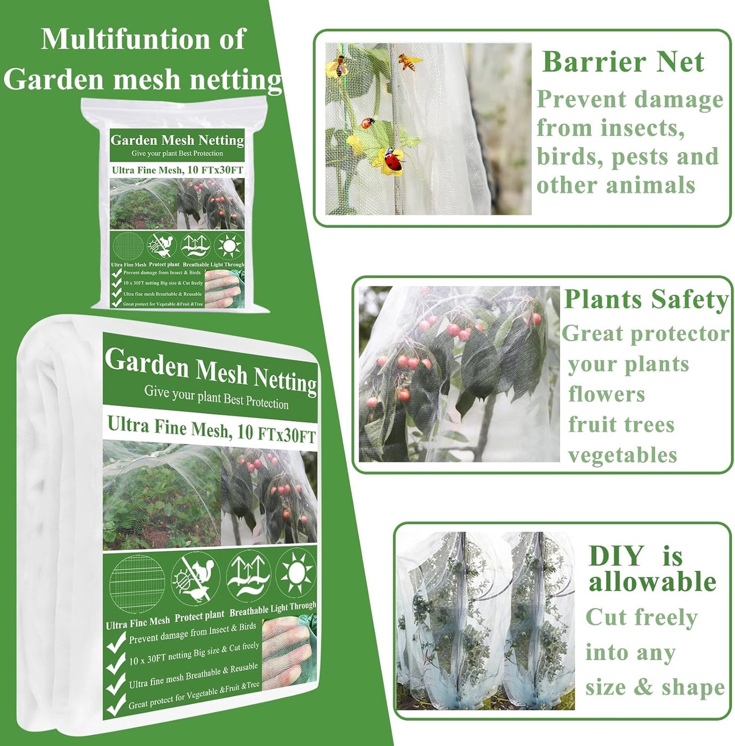 Garden Mesh Netting Kit,10 x 30FT Ultra Fine Netting with 6 Sets Fiberglass Garden Hoops for Raised Beds Vegetable Plants Fruits Greenhouse Row Cover Birds Animals Barrier Protection Net