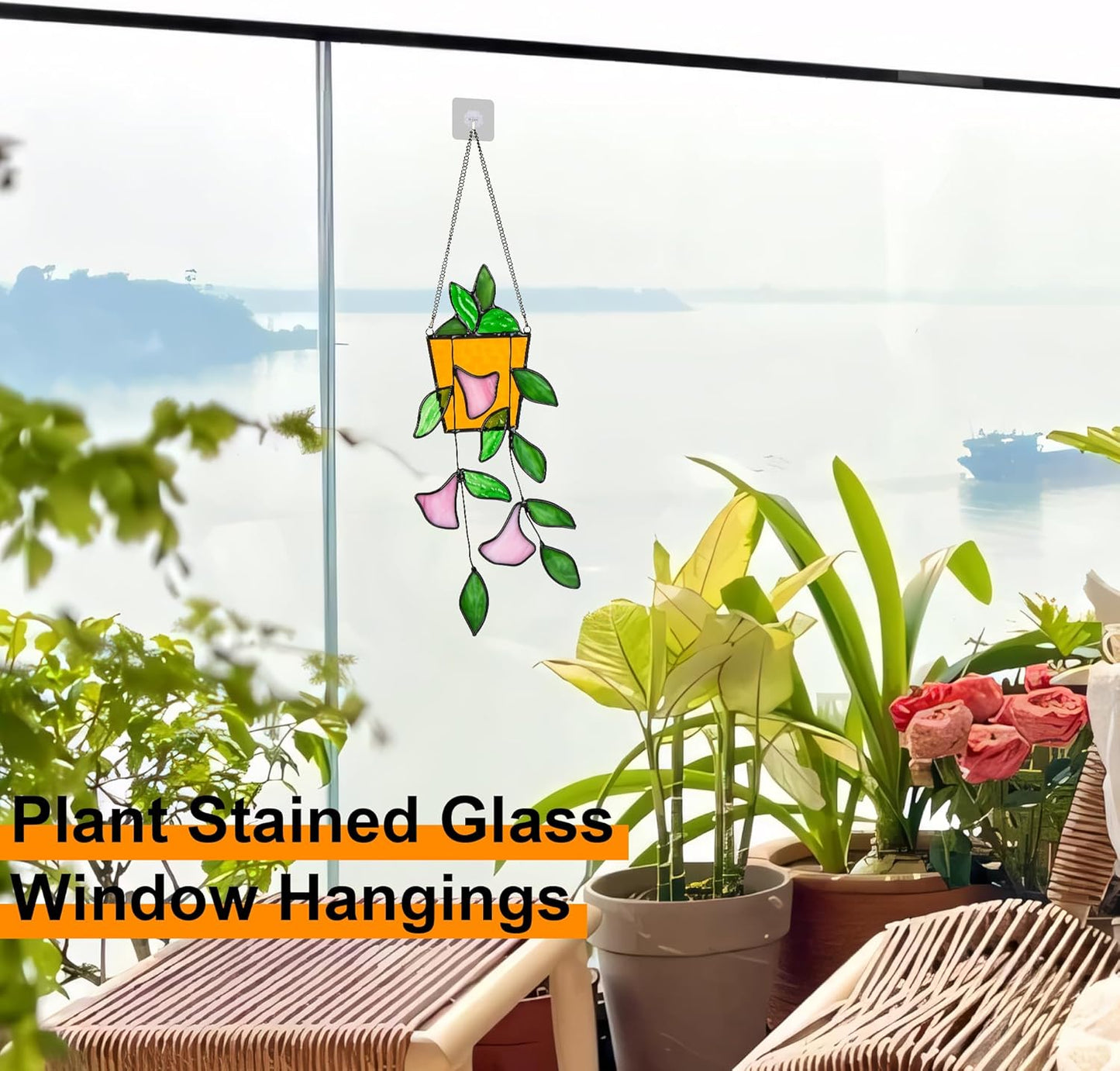 Plant Stained Glass Window Hanging, Green Leaf Morning Glory Stained Glass Suncatchers Plant Suncatchers Hanging Ornament Plant Gift for Plant Lovers