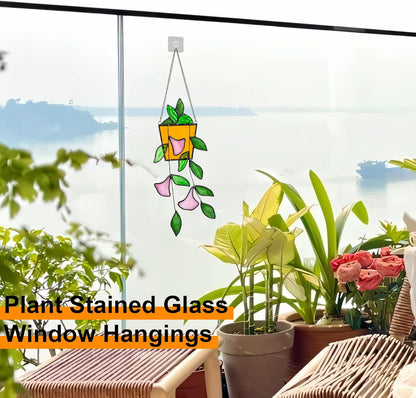 Plant Stained Glass Window Hanging, Green Leaf Morning Glory Stained Glass Suncatchers Plant Suncatchers Hanging Ornament Plant Gift for Plant Lovers