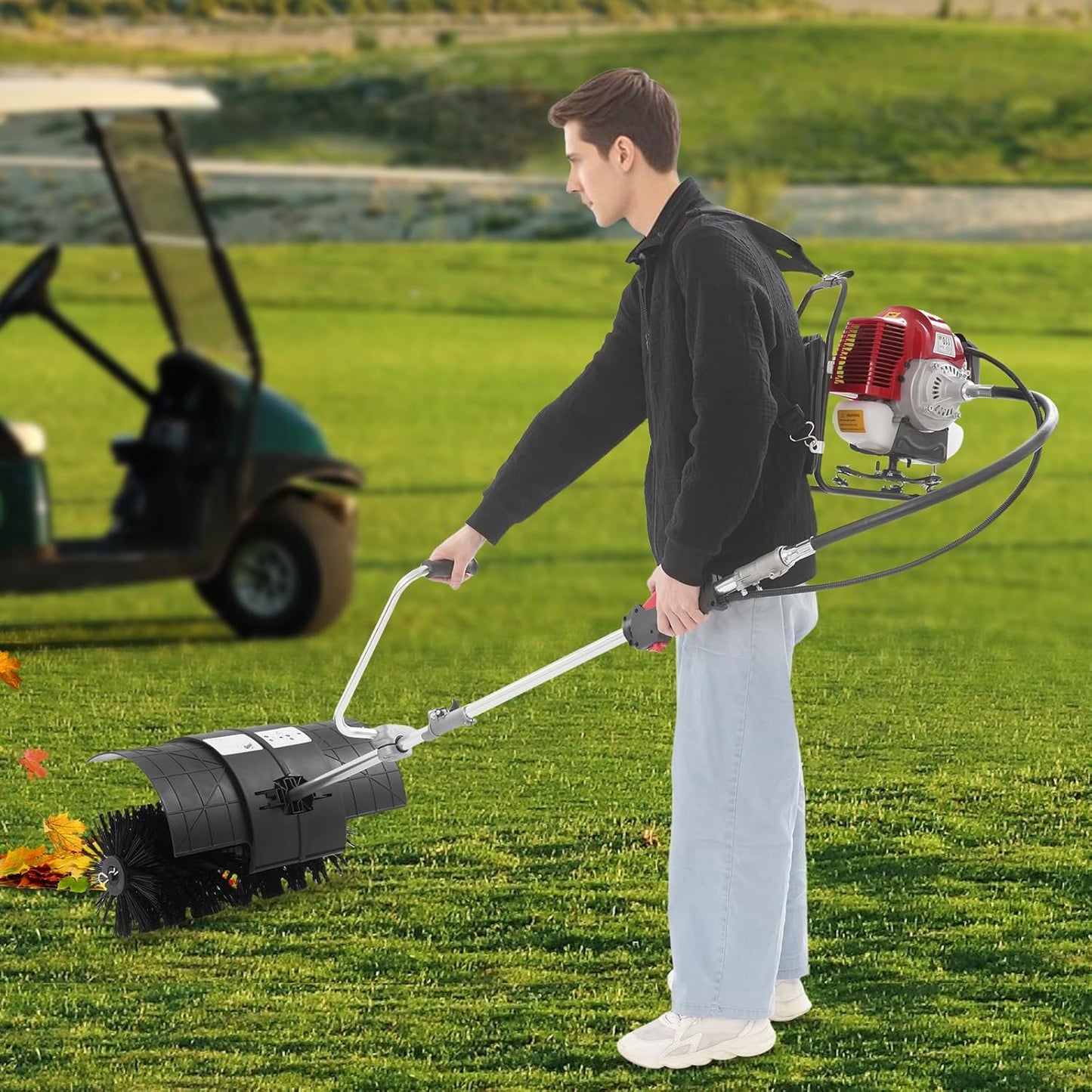 52CC 2 Stroke Gas Backpack Broom Sweeper, 2.3HP Artificial Grass Brush Gasoline Powered Broom, 1700W Outdoor Portable Lawn Sweeper Machine for Cleaning up Boulevard, Driveway, Lawn, Walkway