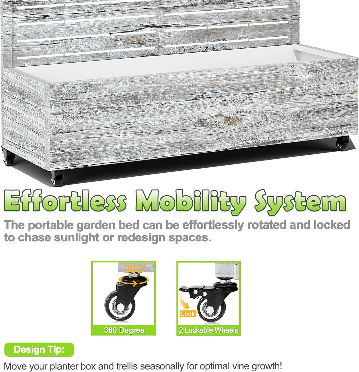 15.7"×70.9"×47.2" Metal Raised Garden Bed with Trellis and Wheels - Tall Trellis Planter Box for Climbing Plants, Vegetables & Vines - Outdoor Privacy Planters for Patio (White Oak Grain)