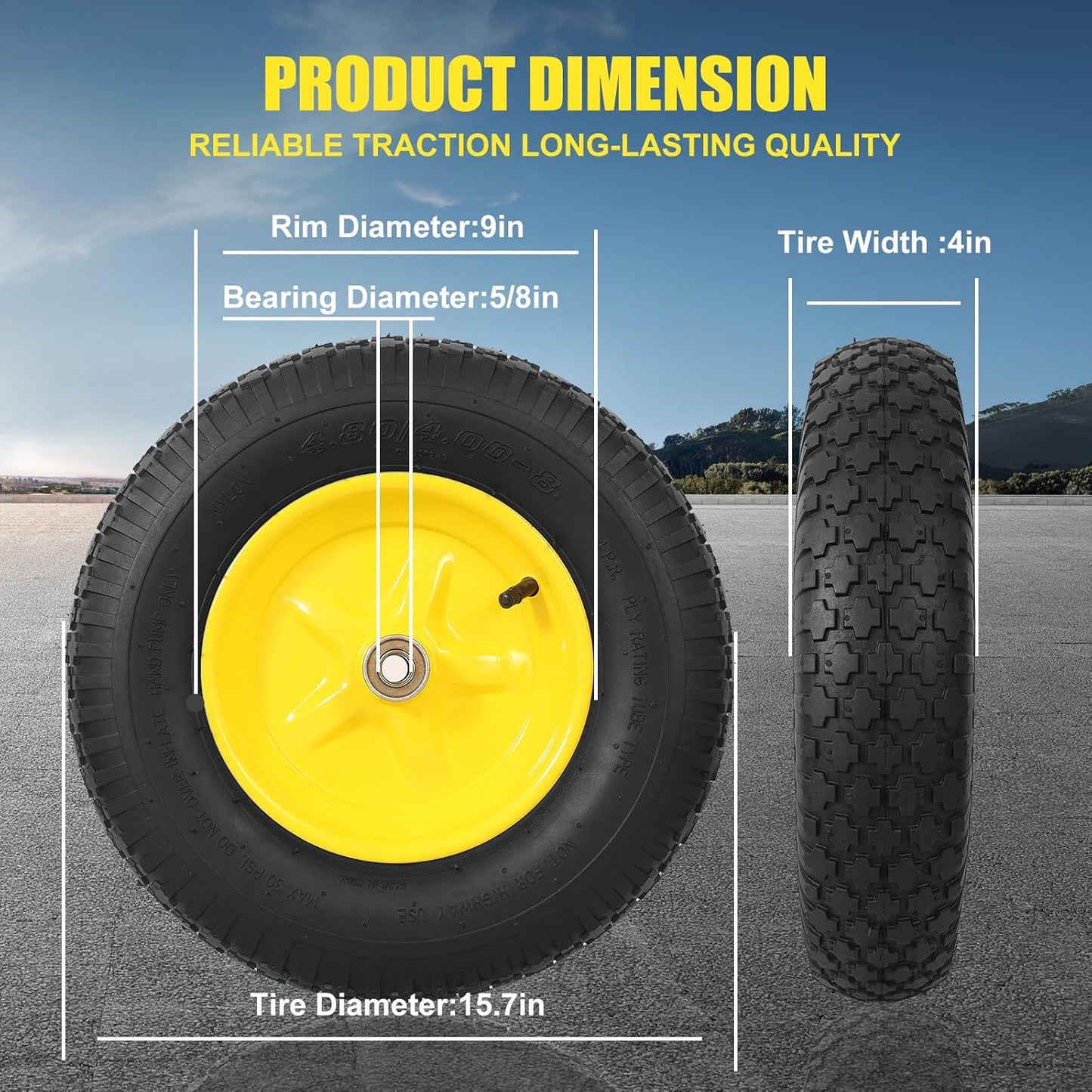 4.80/4.00-8 Tire & Wheel, Set of 2 Heavy Duty Pneumatic Rubber Wheels, 16 in Wheelbarrow Tires with 5/8" Bearings, Compatible with Hand Truck, Wagon, Dolly, Garden Cart, Dump Cart