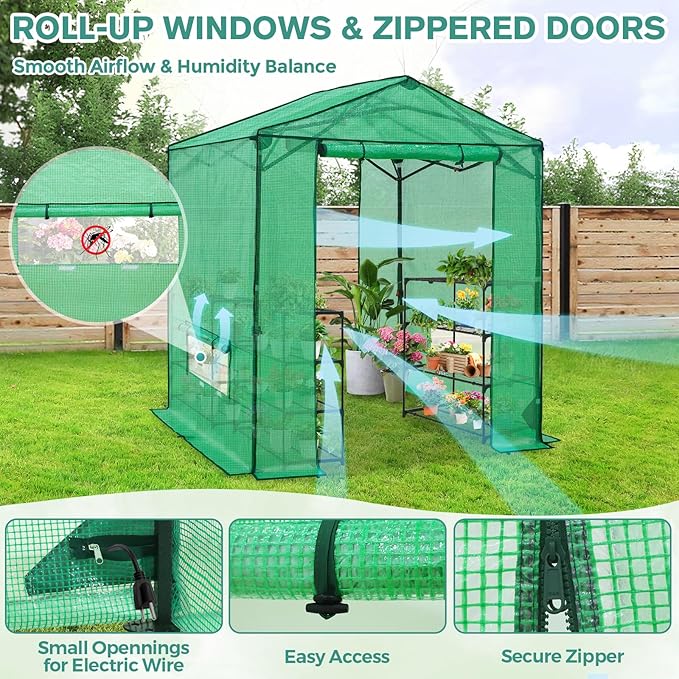 COOS BAY 6x6 FT Portable Walk-in Greenhouse, Pop up Outdoor Green House with Power Access Openings, Zippered Doors & Windows, Durable PE Cover, Green