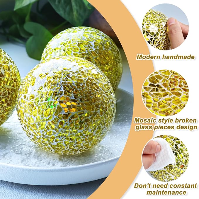 Gold 3.35 Inch Glass Balls Decorative for Bowls Crack Mosaic Orbs Solid Spheres Ball Round Globe Vase Filler Coffee Table Decor Modern Wedding Party 3 Pcs