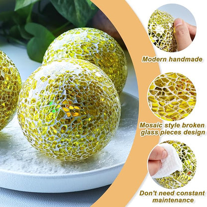 Gold 3.35 Inch Glass Balls Decorative for Bowls Crack Mosaic Orbs Solid Spheres Ball Round Globe Vase Filler Coffee Table Decor Modern Wedding Party 3 Pcs