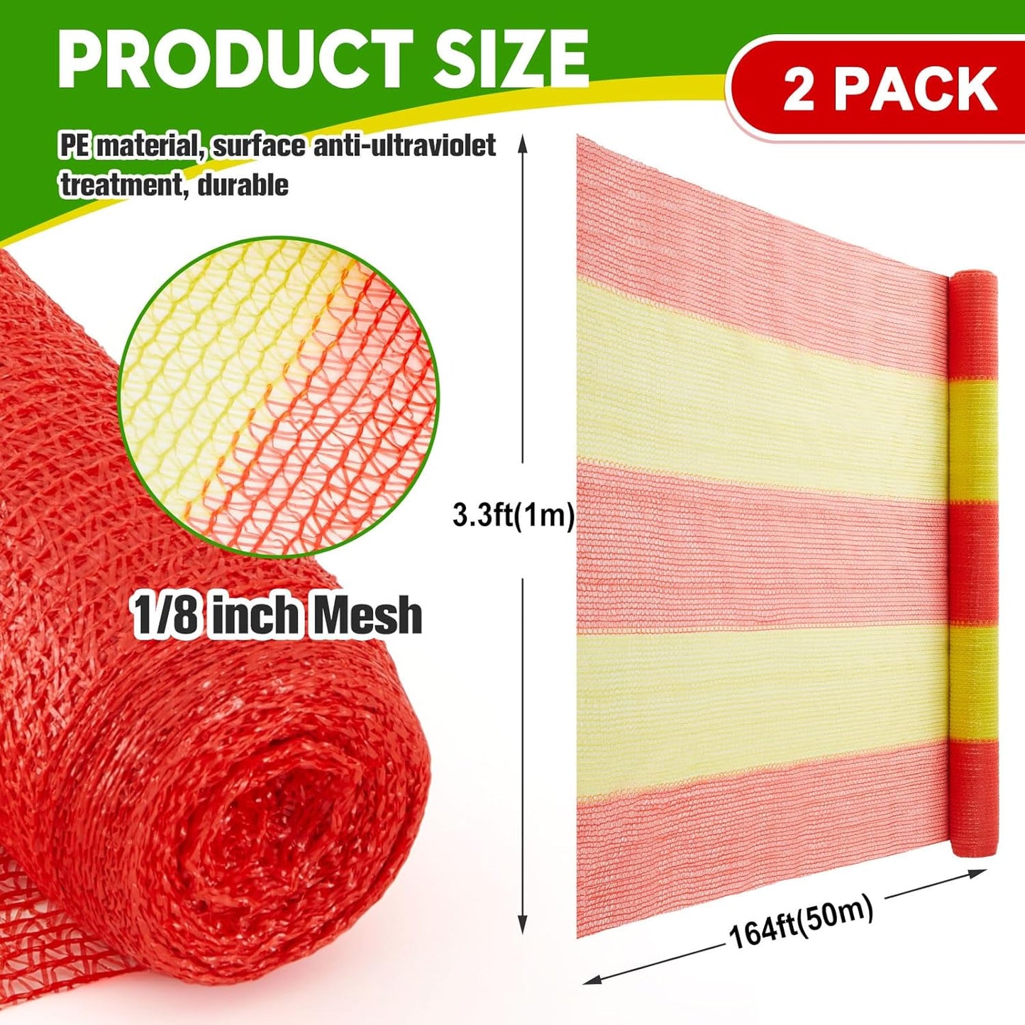 2 Rolls 3.3' x 164' Safety Construction Fence Net HDPE High Visibility Temporary Barrier Netting Safety Warning Roadblock for Garden Construction Snow Poultry Event Fencing (Red and Yellow)