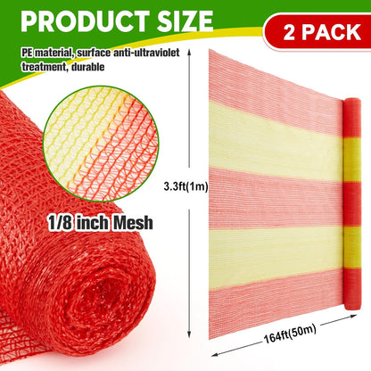 2 Rolls 3.3' x 164' Safety Construction Fence Net HDPE High Visibility Temporary Barrier Netting Safety Warning Roadblock for Garden Construction Snow Poultry Event Fencing (Red and Yellow)