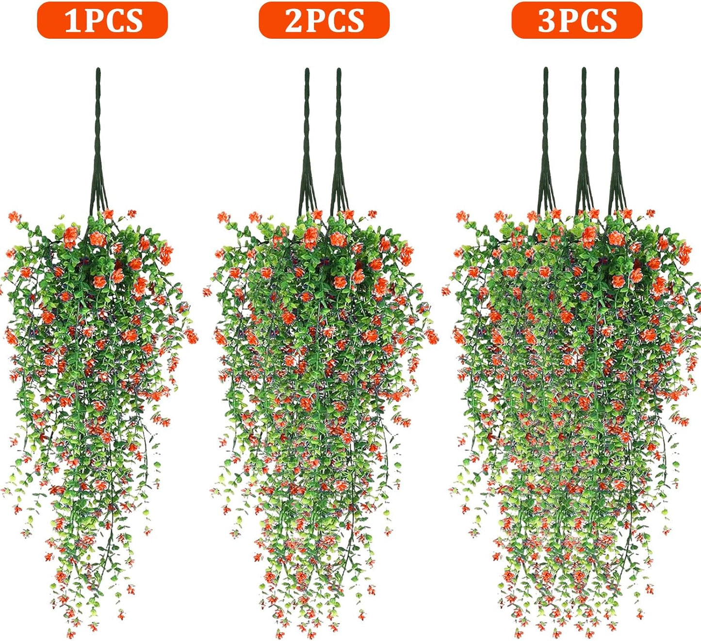 Artificial Hanging Flowers, 3 Pcs Fake Hanging Plants Artificial Vines for Outdoors, Fake Ivy Vine UV Resistant No Fade Faux Plants for Indoor Outside Garden Patio Yard Greenery Decoration (Orange)