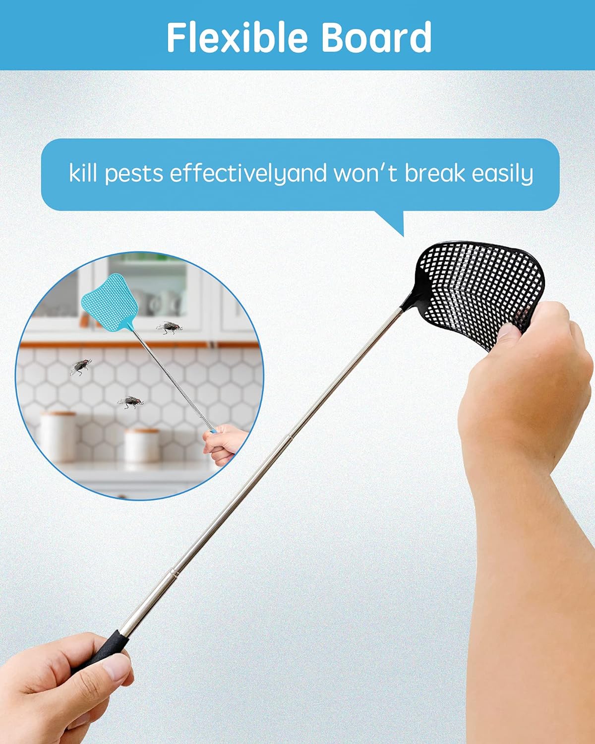Fly Swatter Heavy Duty Set, with Durable Telescopic Stainless Steel Extendable Handles, for Home, Classroom and Office, 2Pcs, 2 Colors