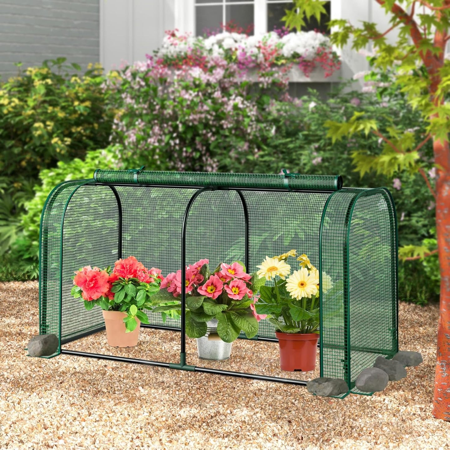 Happygrill Portable Mini Greenhouse, 47" x 22" x 24" Green House w/ Roll-up Zipper Door, Metal Frame, Waterproof Sun-Protective PE Cover, Small Greenhouses for Raised Garden Bed, Outdoor (Green)
