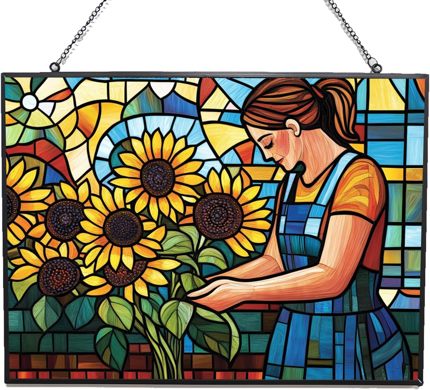 Customized Rectangle Boho Florist Arranging Sunflowers Stained Glass Window Hanging, Suncatcher for Women, Stained Glass Window Decor Perfect Home Décor