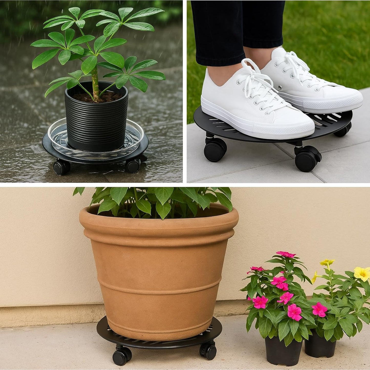 3 Packs Large Metal Plant Caddy with 3 PU Wheels 12" Heavy-duty Wrought Iron Rolling Plant Stands Indoor Outdoor Wheeled Plant Dolly Planter Mover Rollers Plant Trolley Cart, Plant Saucers Included