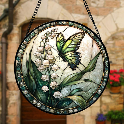 Stained Glass Window Hanging, Lily of The Valley Flower Butterfly Suncatcher for Doors Home Sun Catchers Decoration and Christmas, Mother's Day Birthday Gifts for Women, Men, Mom 9.8 in