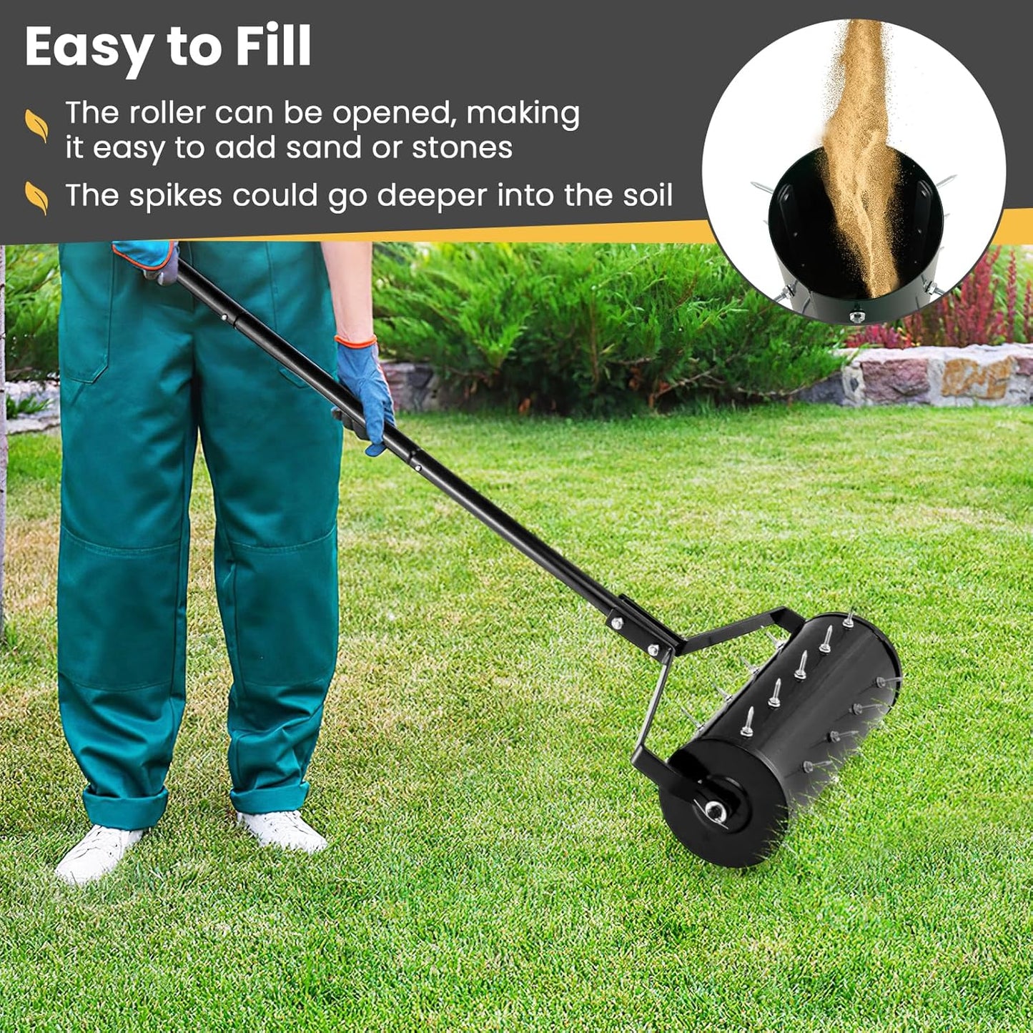 Goplus Rolling Lawn Aerator, 18-Inch Garden Yard Rotary Push Tine Filled Sand Stone, Heavy Duty Spike Soil Aeration w/Metal Handle, Fillable Drum 51" Manual Lawn Aeration Tool Garden Grass Patio Yard