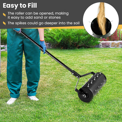 Goplus Rolling Lawn Aerator, 18-Inch Garden Yard Rotary Push Tine Filled Sand Stone, Heavy Duty Spike Soil Aeration w/Metal Handle, Fillable Drum 51" Manual Lawn Aeration Tool Garden Grass Patio Yard