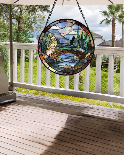 Stained Glass Window Hanging, Blue Landscape Arch Bridge Sun Catcher for Door Home Decor Suncatcher Christmas Mother's Day Birthday Gifts for Women Men Mom and Nana 7.8 in