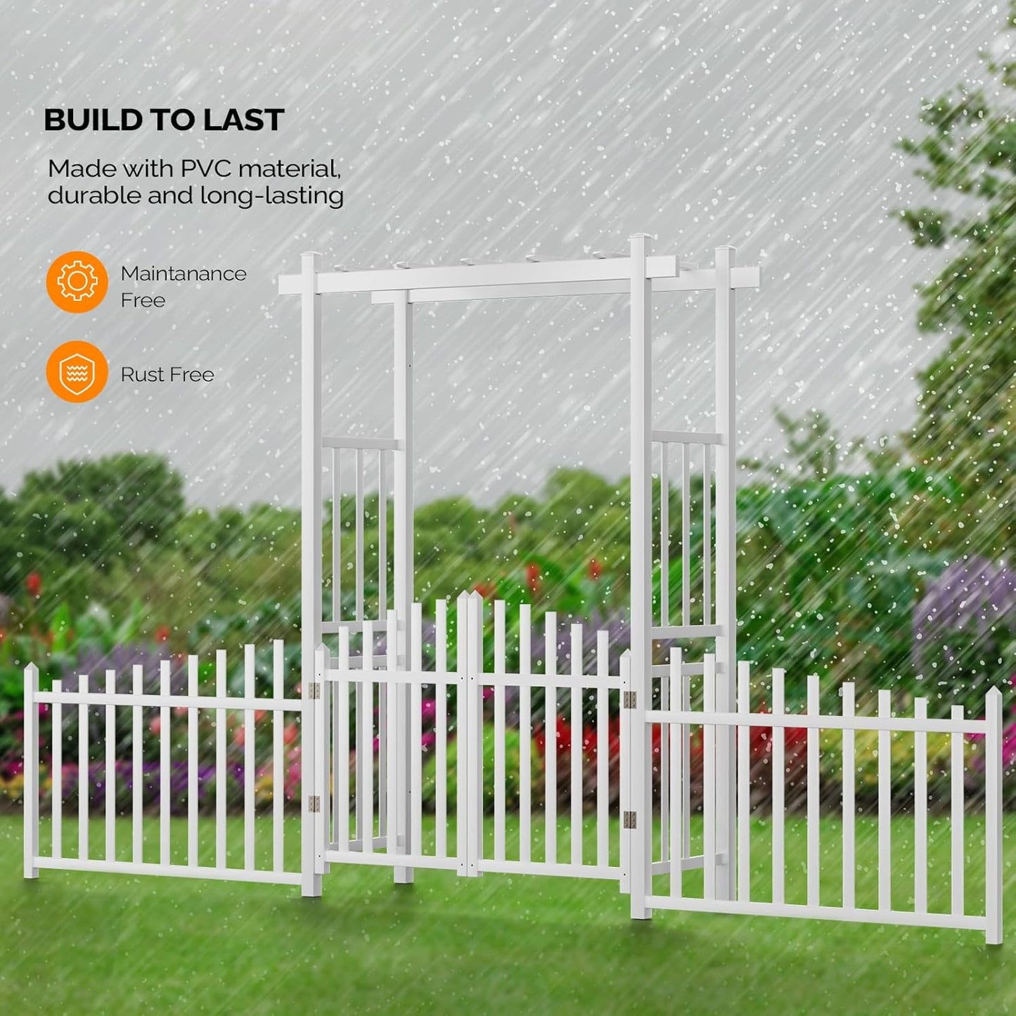 VINGLI Garden Arbor with Gate and Fence, PVC Wedding Arch for Ceremony Party, Garden Trellis for Climbing Plants Outdoor, Arch Backdrop Stand for Garden, Backyard, Lawn, Wedding