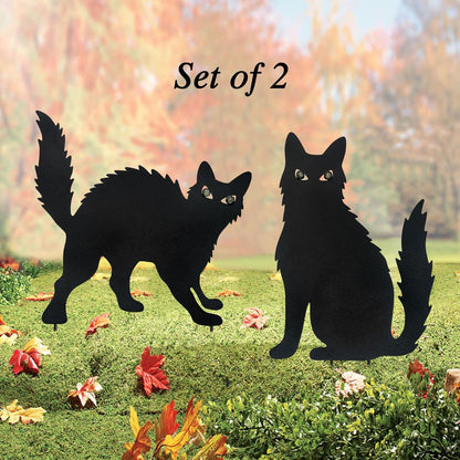 WAIU Halloween Metal Cat Yard Stakes Glow in The Dark Black Cat Silhouette Outdoor Decor for Garden Lawn Patio Spooky Halloween Party Yard Art Decoration, Set of 2