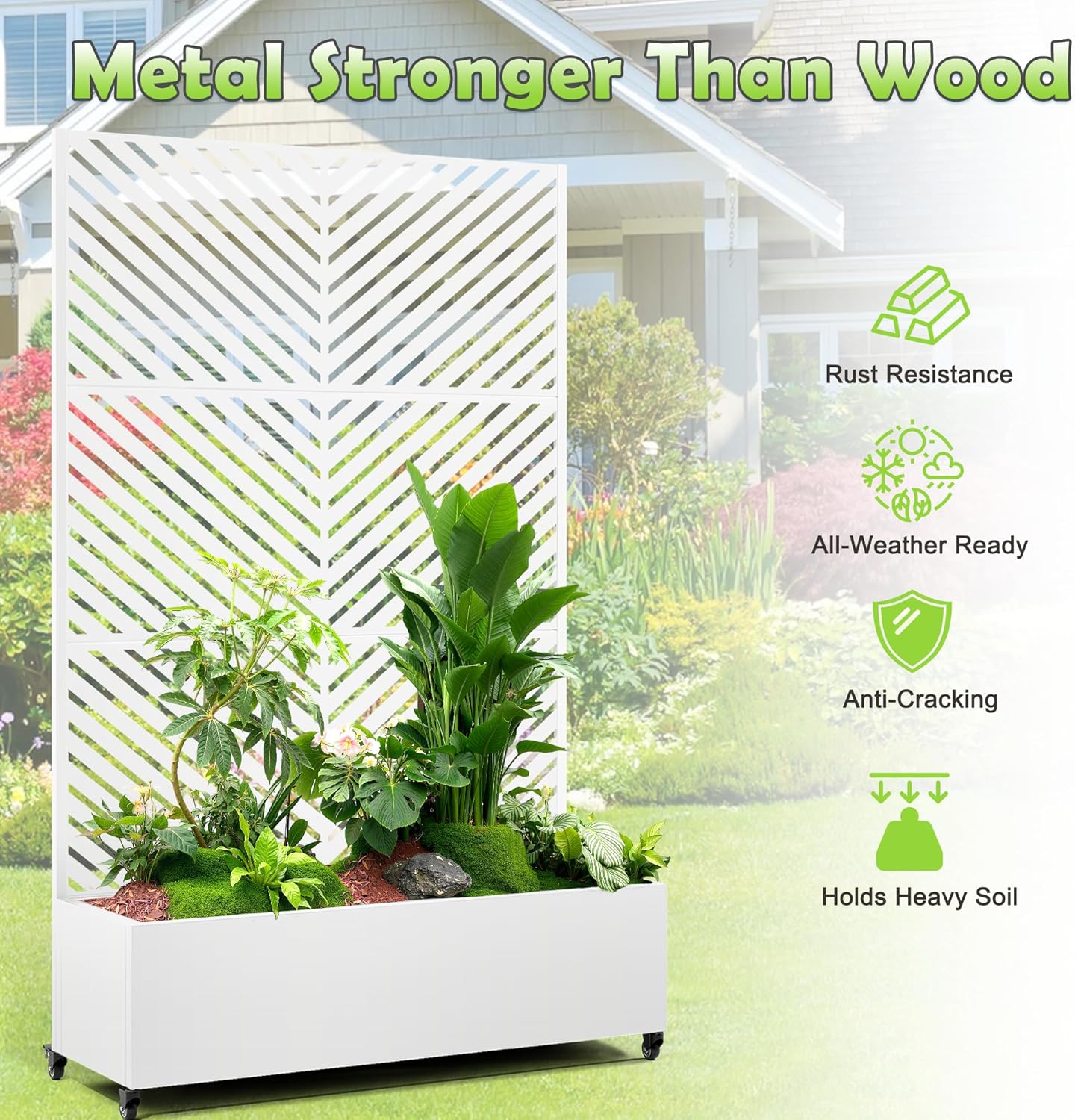 15.7"×70.9"×47.2" Metal Raised Garden Bed with Trellis and Wheels - Tall Trellis Planter Box for Climbing Plants, Vegetables & Vines - Outdoor Privacy Planters for Patio (White-Parallel)
