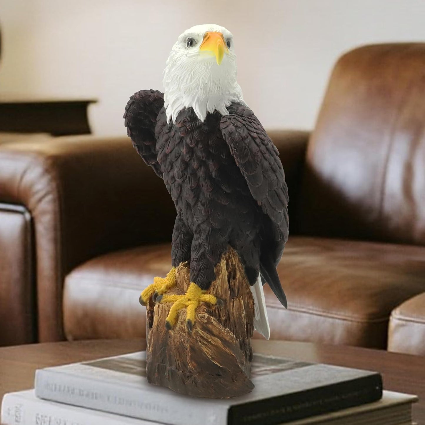 Garden Sculpture Hand-Painted Bald EagleResin Statue 14.2 Inch Tall with Stump Base Realistic Feather Texture & Vivid Postures for Home Office Yard Ornament