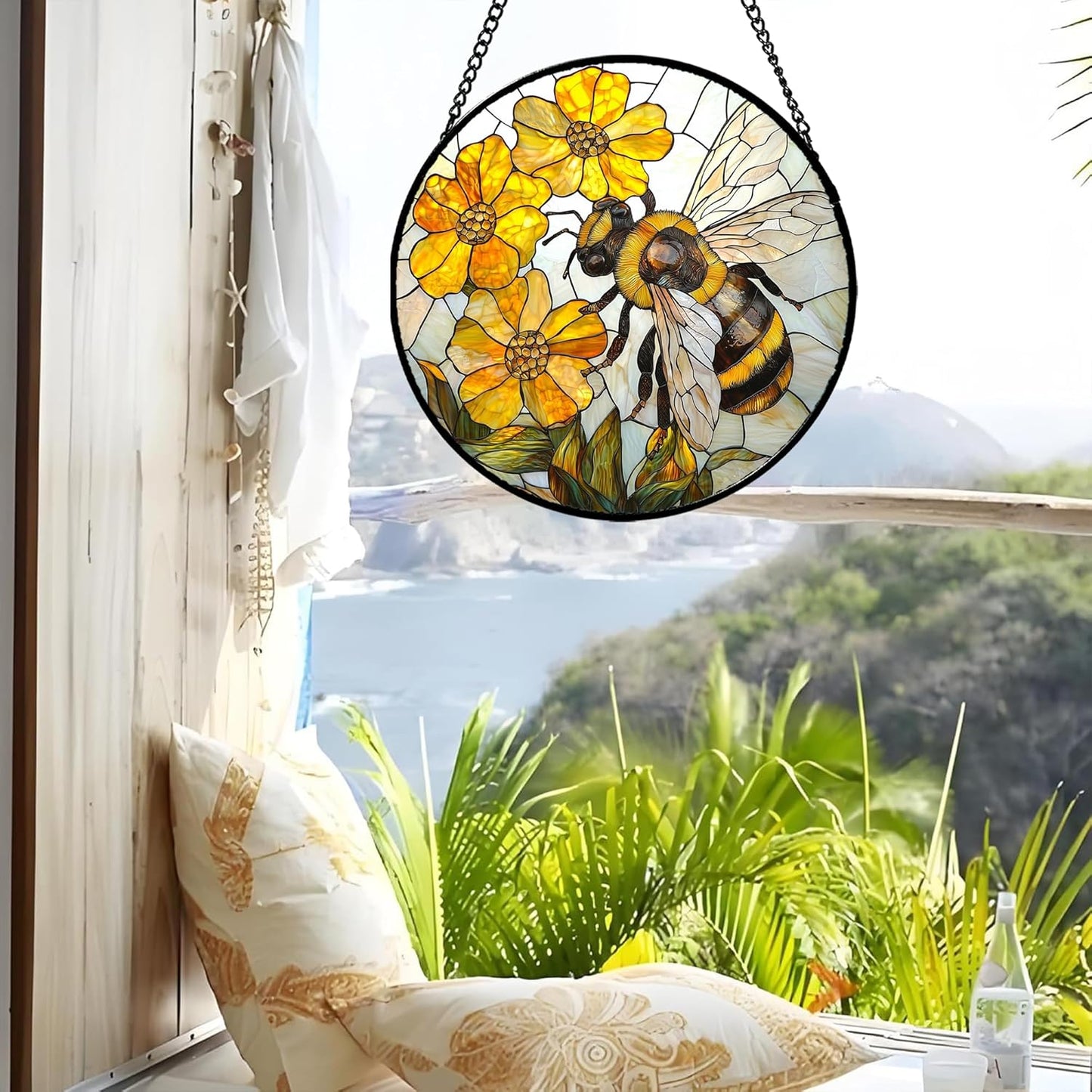 Stained Glass Window Hanging - Yellow Bees Gathering Flowers Sun Catcher for Door Garden Home Decor Cute Suncatcher Christmas Mother's Day Birthday Gifts for Women Men Mom Nana 11.8 in