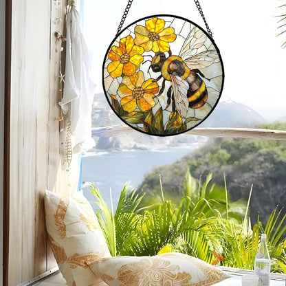 Stained Glass Window Hanging - Yellow Bees Gathering Flowers Sun Catcher for Door Garden Home Decor Cute Suncatcher Christmas Mother's Day Birthday Gifts for Women Men Mom Nana 11.8 in