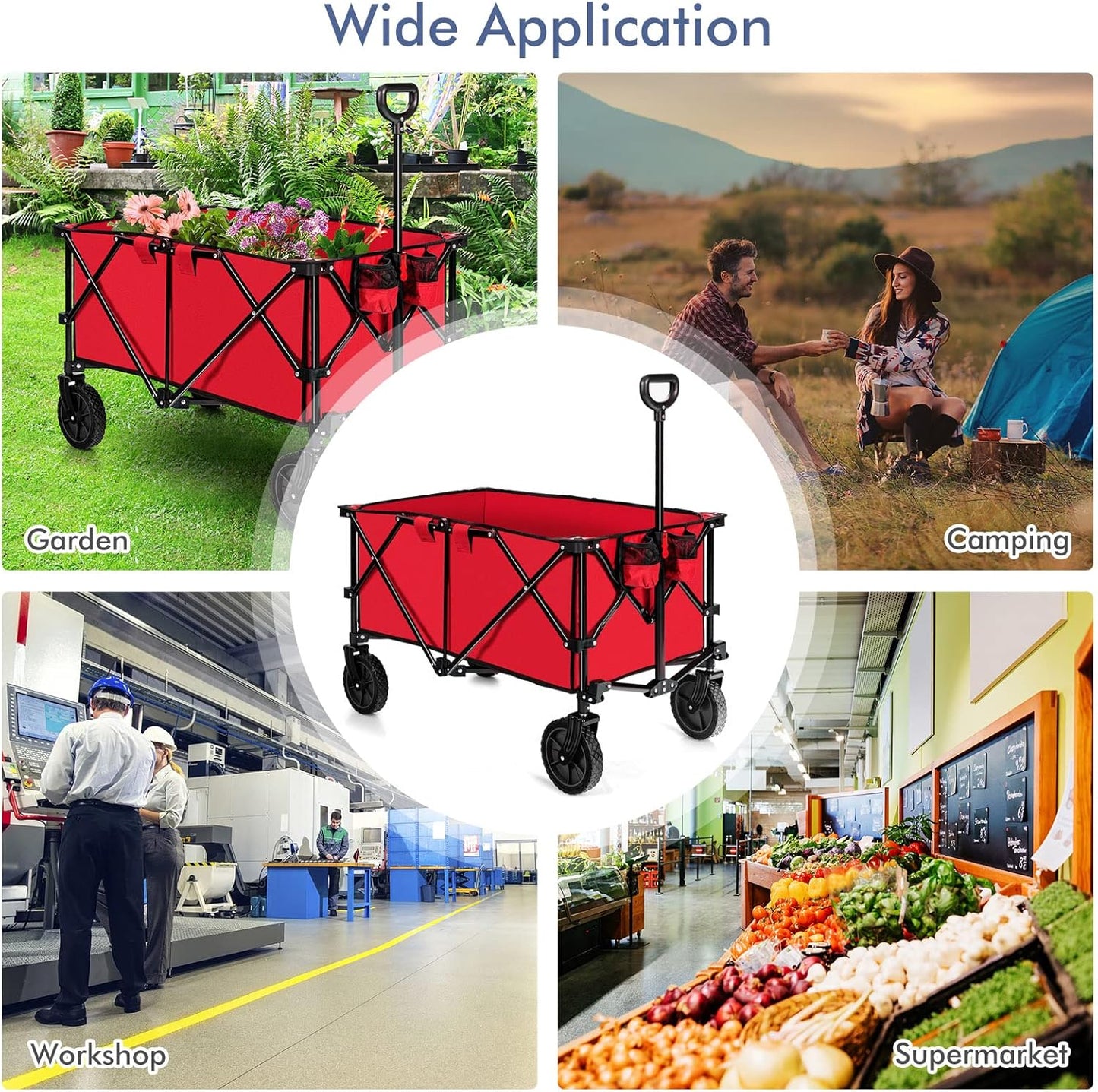 Goplus Collapsible Wagon, Folding Utility Wagon Cart w/Universal Wheels & Adjustable Handle & Cover Bag, Grocery Wagon for Garden Shopping Camping (Red)