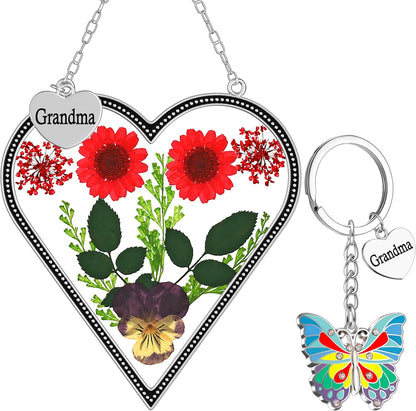 KY&BOSAM Heart Suncatcher for Windows Hangings Grandma Gift Stained Glass Butterfly Suncatcher Pressed Flower Between Heart in Glass Metal Engraved Charm Gift for Women Mother's Day Birthday Christmas