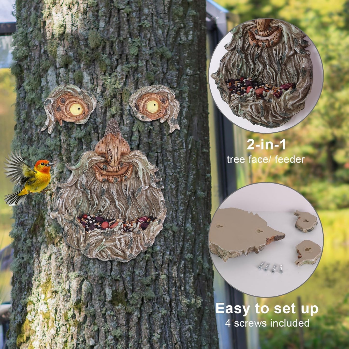 MEETYAMOR Garden Decor for Outside, Funny Tree Faces Bird Feeder Decor Outdoor Statues, Whimsical Old Man Tree Sculpture Decorations for Lawn, Patio, Yard Art