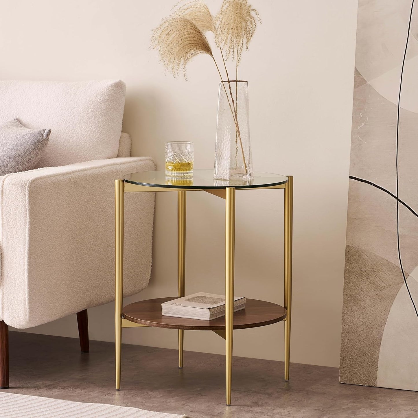 Round Glass End Table, Mid-Century Modern Design Sofa Table for Living Room, D18 x H23, 2-Tier Structure, Clear Glass Top and Walnut Shelf, Sleek Conical Legs with Gold Finish Frame