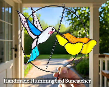 Hummingbird Stained Glass Bird Suncatcher for Mom, Grandma, Women - Real Glass Window Hanging Ornament - Handmade Crafts for Bird Lover (Gifts Ready Packaging)