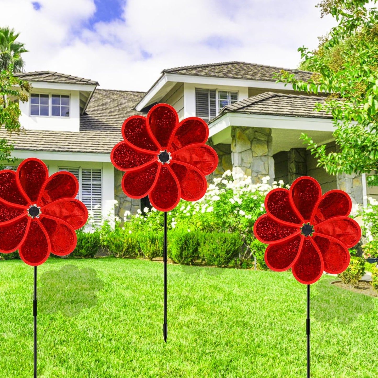 4PCS Flower Wind Spinner Sparkly Lawn Pinwheel 11.8 inch Red Garden Windmill for Garden, Party, Christmas Outdoor, Yard Decor