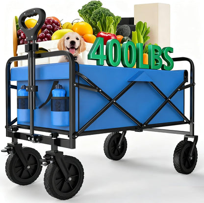 OLIXIS Wagon Cart, Heavy Duty Collapsible 400 lbs Large Foldable Wagons Carts with Wheels Smooth Maneuverability for All-Terrain, Suitable for Gardening, Camping, Beach, Bluecolor