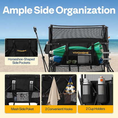 VIVOHOME 500L Large Capacity Double Decker Collapsible Wagon 500lbs Heavy Duty Utility Folding Cart with Big Wheels 53" Extended for Camping, Sports