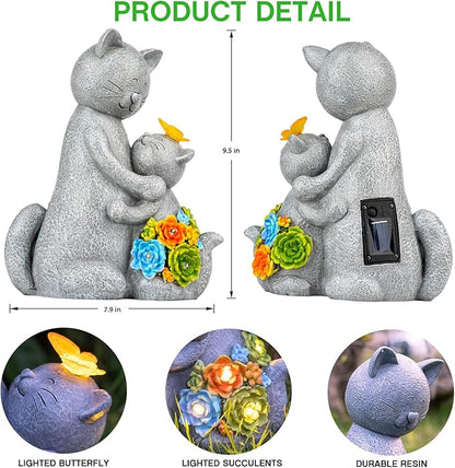 Solar Garden Statues Loving Cat Figurine Lights for Outside, Yard Decorations Outdoor, Garden Christmas Decor Unique Birthday Housewarming Gifts for Mom, Women
