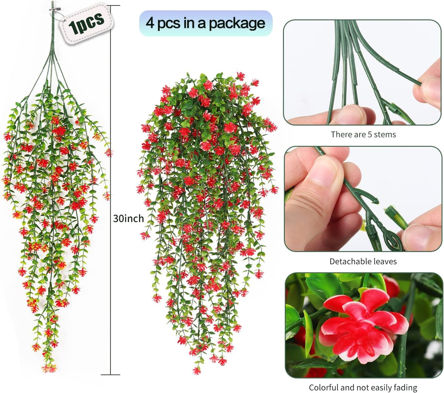 SJL Artificial Hanging Plant 4pcs Fake Hanging Plants Greenery Decor Plastic Flower Artificial Plants Indoor Fern Ivy Leaves Flowers Real Touch Stem for Wedding Party Outside Home (Red)