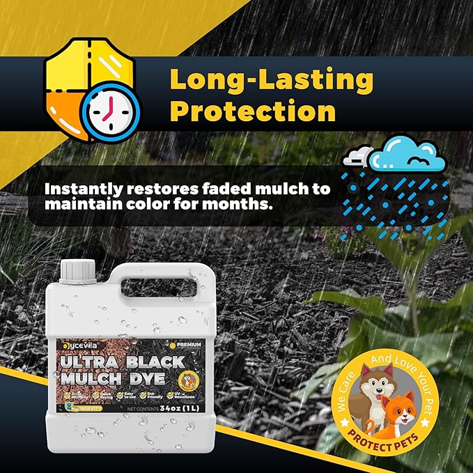 32oz Concentrated Ultra Black Mulch Dye with Gloves, Liquid Rubber Dye Spray Covers up to 3,600 Sq. Ft, Long-Lasting Finish Black Bark Paint for Mulch Restoration and Enhancement Landscaping