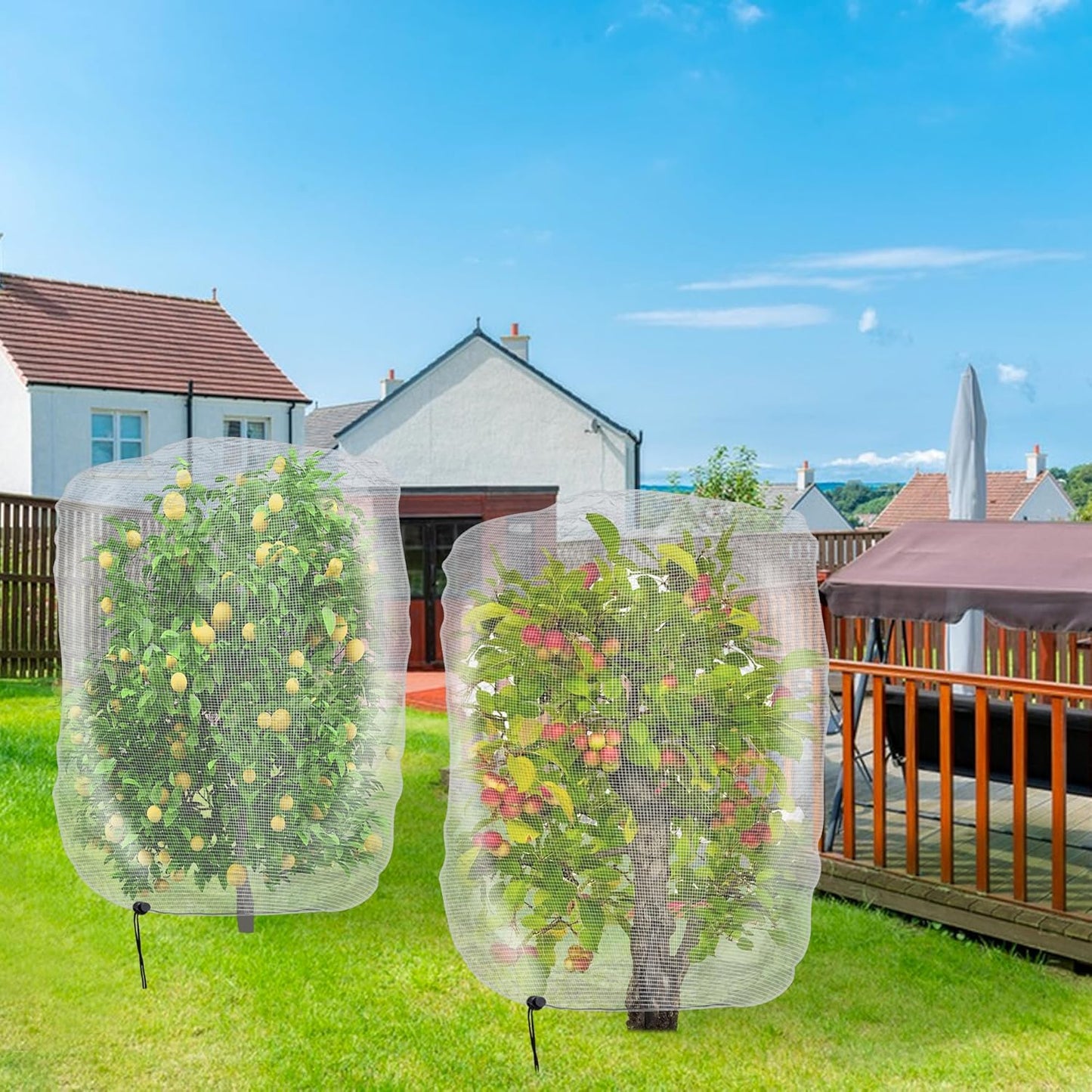 4 Pcs Insect Bird Barrier Tree Net with Drawstring, 4.9 x 3.2 Ft Garden Bird Netting Plant Cover, Fruit Tree Netting for Protect Plants Fruits Flowers from Insect Bird Eating