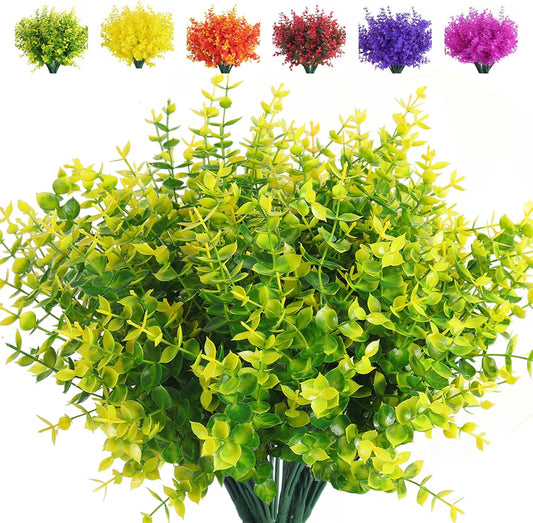 RECUTMS Artificial Boxwood Plants Outdoor Fake Spring Plants Uv Resistant Artificial Shrubs for Outdoors Greenery Stems Outdoor Flowers That Look Real Artificial Eucalyptus (Yellow Eucalyptus)